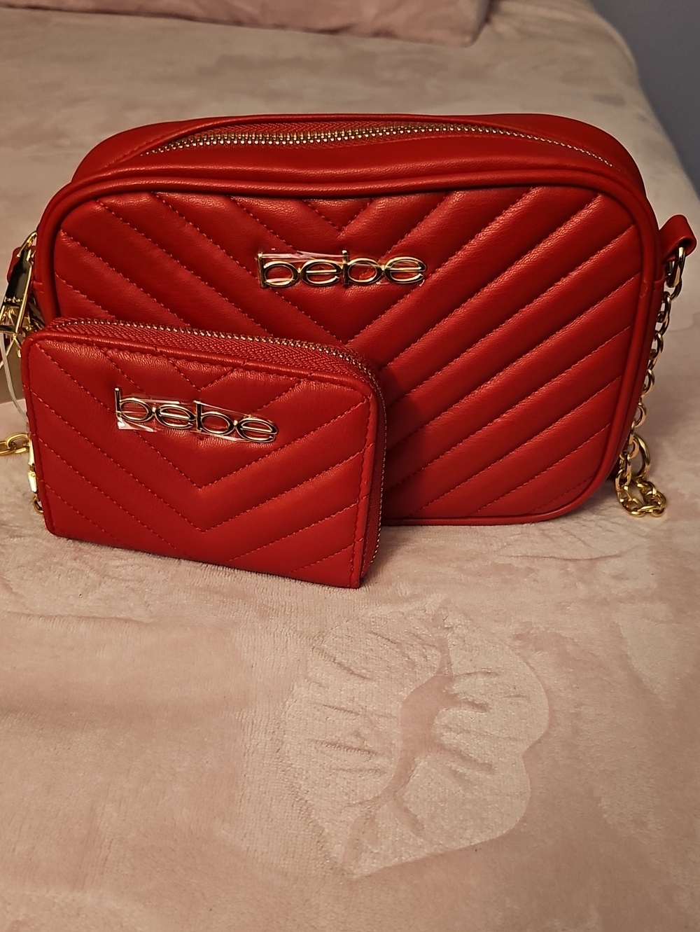 bebe Red Quilted Crossbody Bag with Matching Wallet - 1 Free Charm